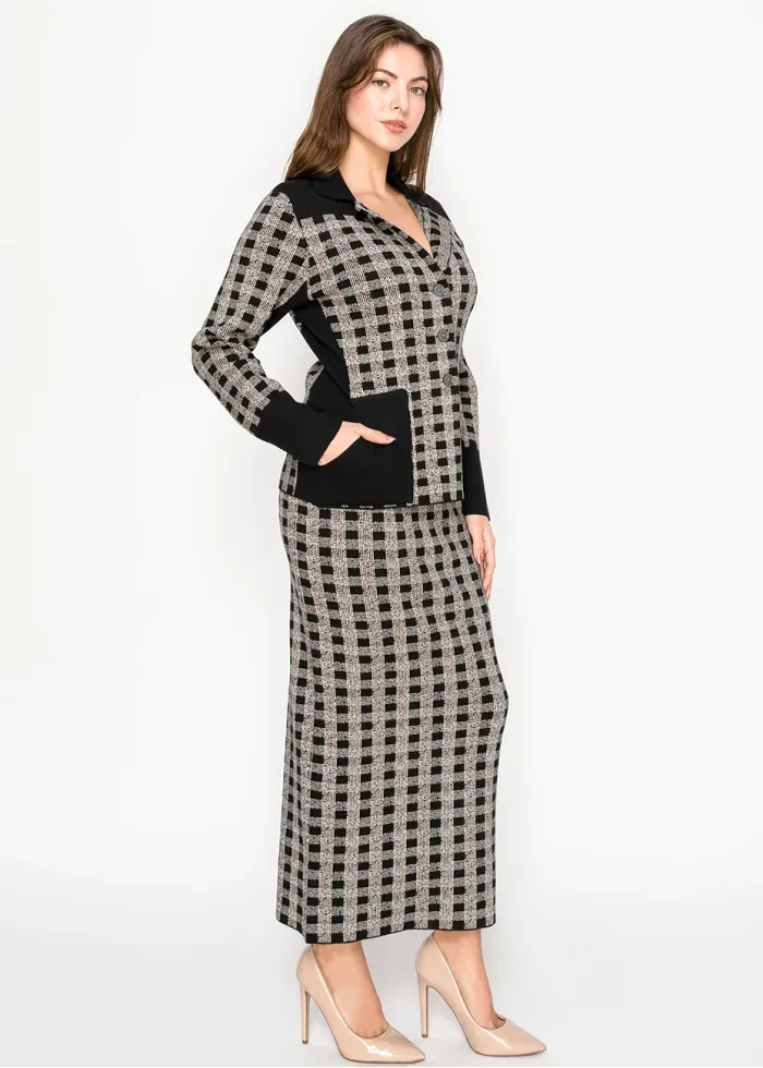 Graphic Plaid Knit Jacket & Skirt Set