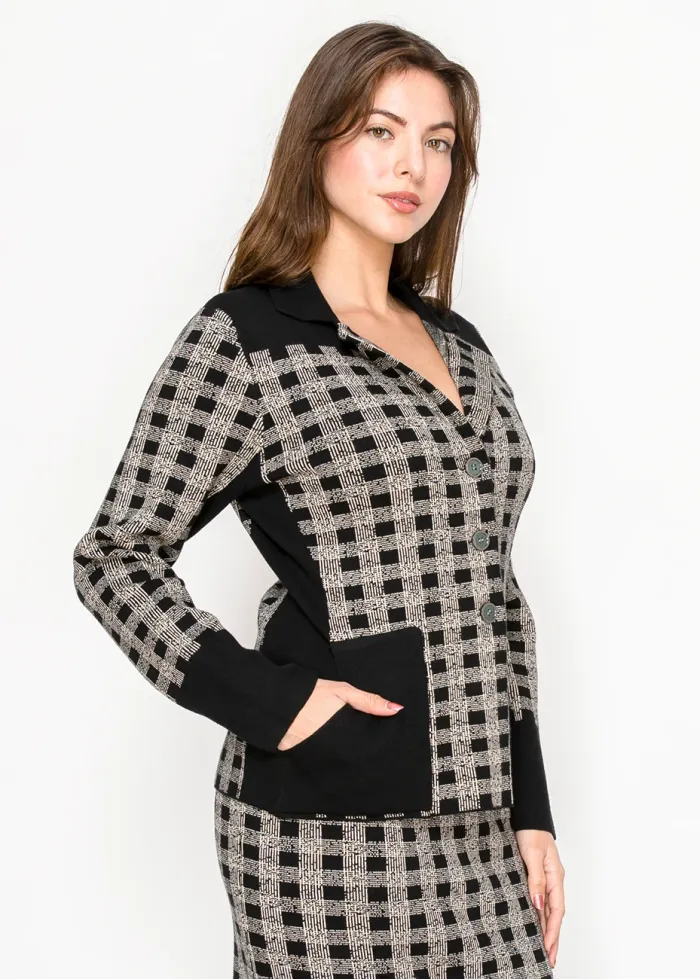 Checked Knit Button-Front Cardigan in Black