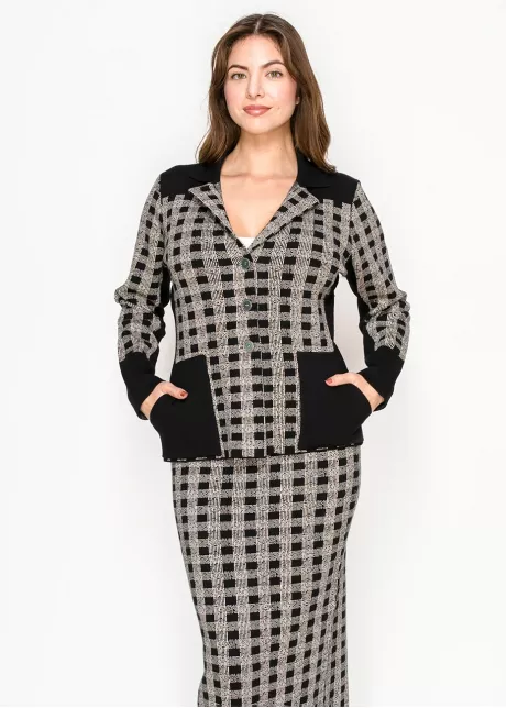 Checked Knit Button-Front Cardigan in Black