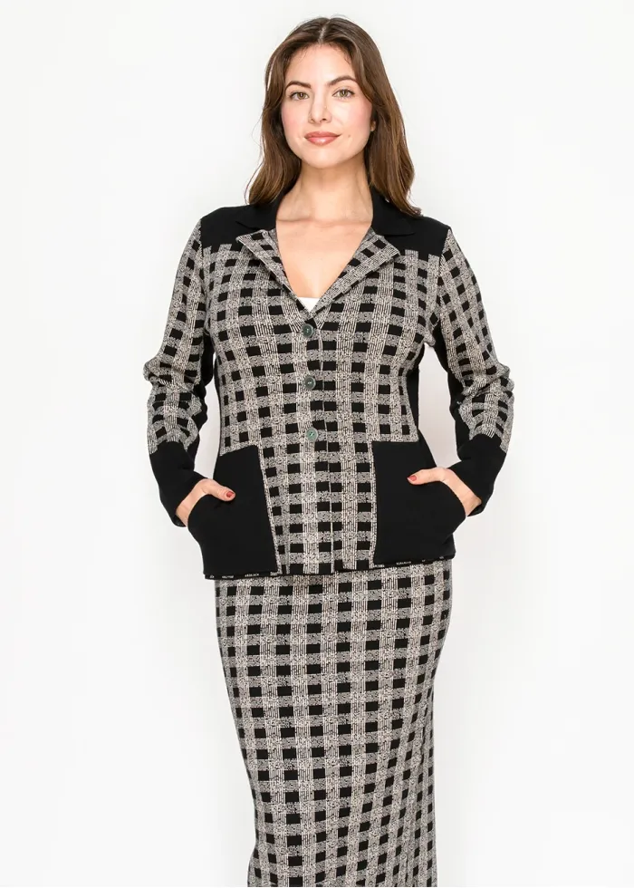 Checked Knit Button-Front Cardigan in Black