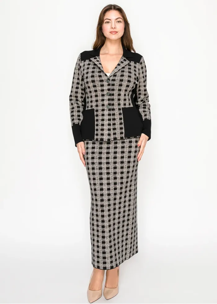 Graphic Plaid Knit Jacket & Skirt Set