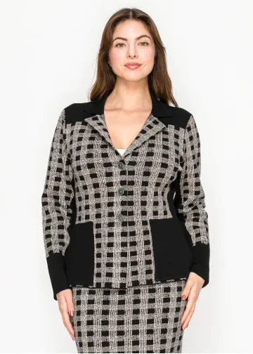 Checked Knit Button-Front Cardigan in Black