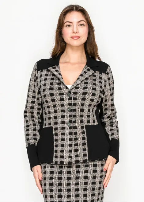 Checked Knit Button-Front Cardigan in Black