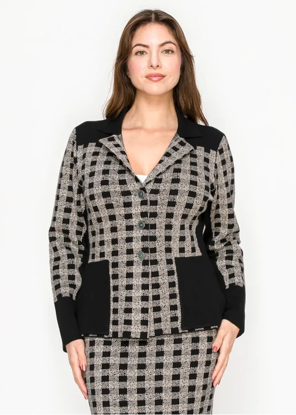 Checked Knit Button-Front Cardigan in Black