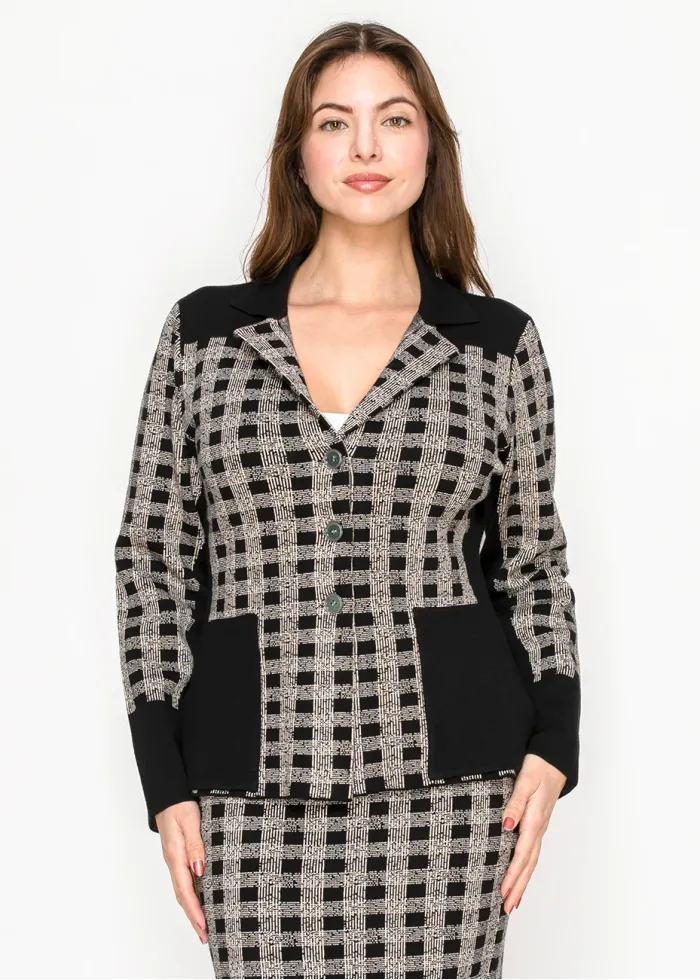 Checked Knit Button-Front Cardigan in Black