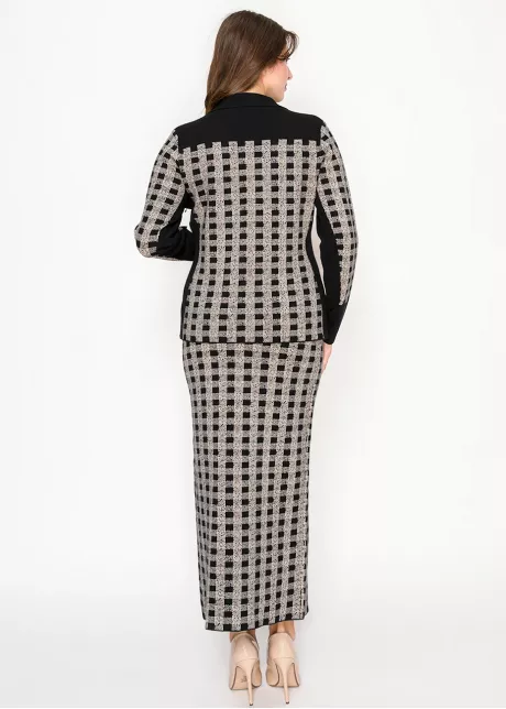 Checked Knit Button-Front Cardigan in Black