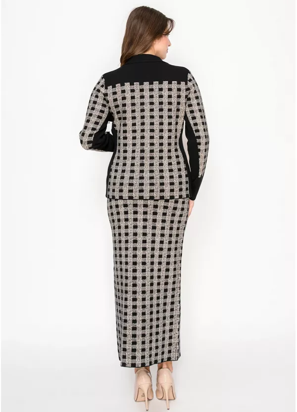 Graphic Plaid Knit Jacket & Skirt Set