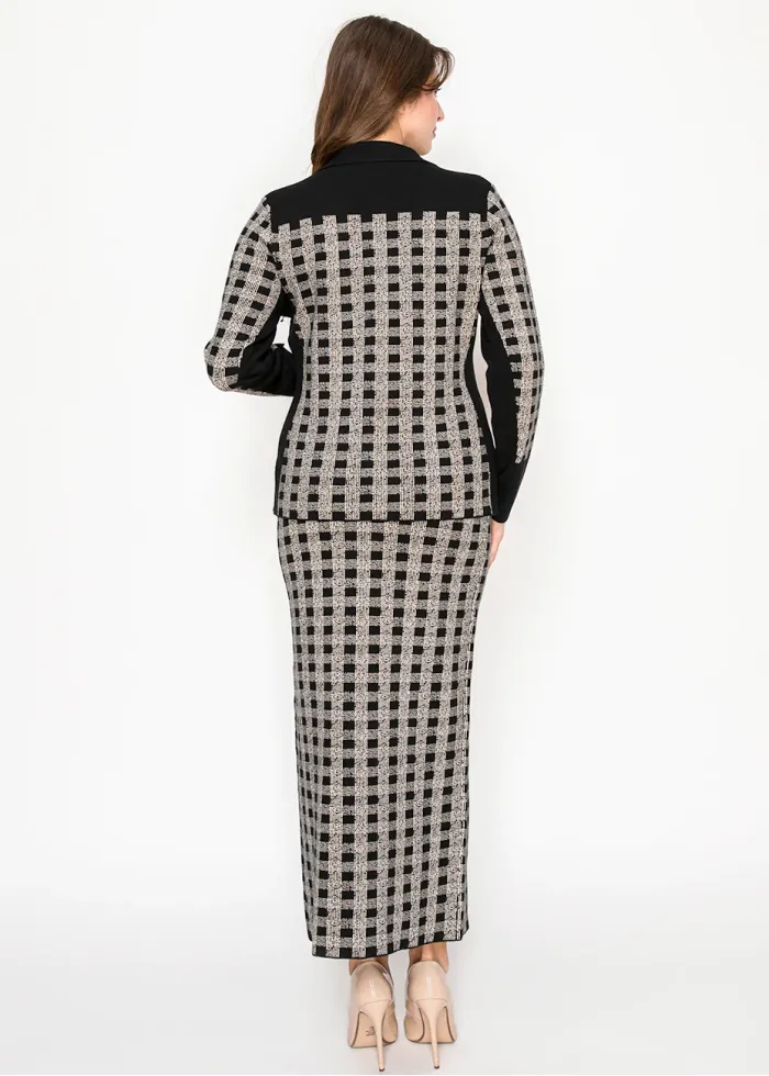 Graphic Plaid Knit Jacket & Skirt Set