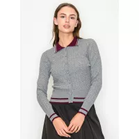Grey Collared Cardigan with Burgundy Touch