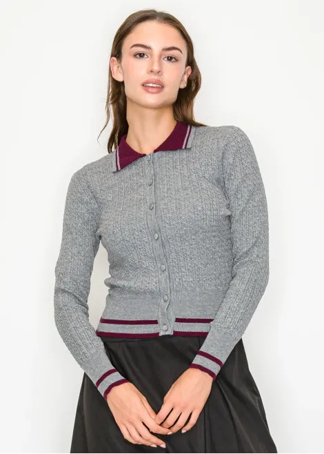 Grey Collared Cardigan with Burgundy Touch