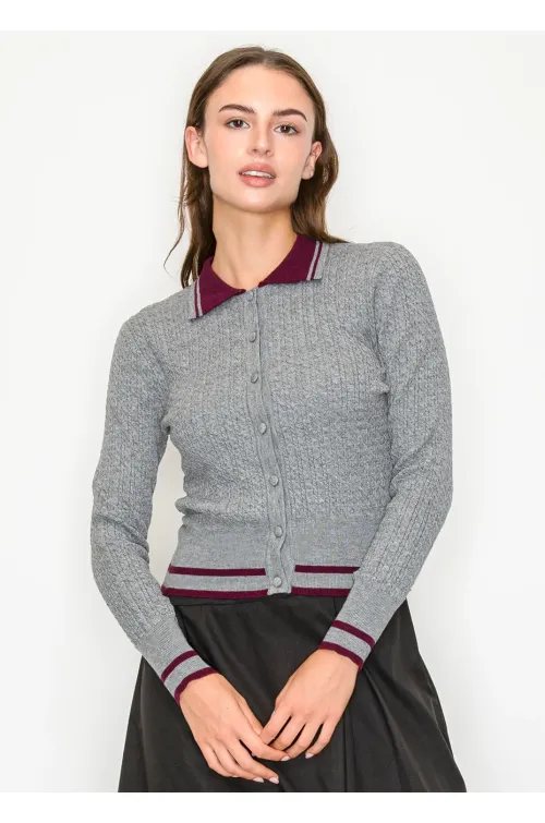 Grey Collared Cardigan with Burgundy Touch
