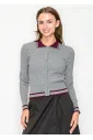 Grey Collared Cardigan with Burgundy Touch