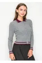 Grey Collared Cardigan with Burgundy Touch