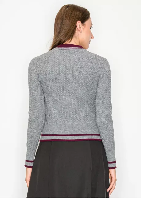 Grey Collared Cardigan with Burgundy Touch