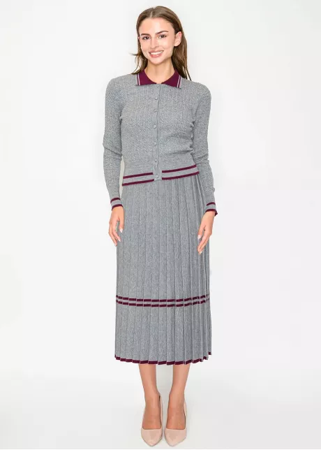 Grey Collared Cardigan with Burgundy Touch