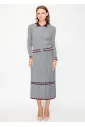 Grey Knit Pleated Skirt with Burgundy Stripes