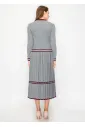 Grey Knit Pleated Skirt with Burgundy Stripes