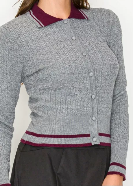 Grey Collared Cardigan with Burgundy Touch