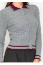 Grey Collared Cardigan with Burgundy Touch