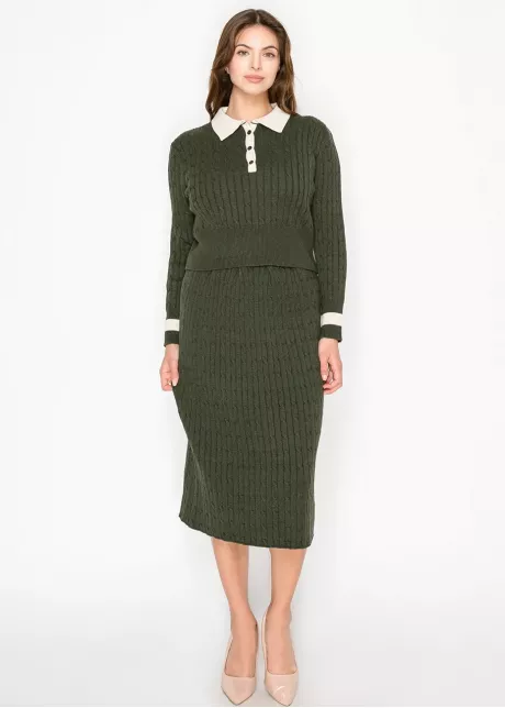 Ribbed Cable Knit Skirt in Olive Green
