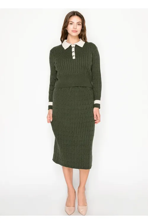 Olive Cable Knit Matching Set