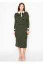Olive Cable Knit Polo Sweater with Contrast Collar