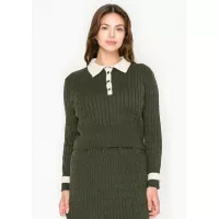 Olive Cable Knit Polo Sweater with Contrast Collar