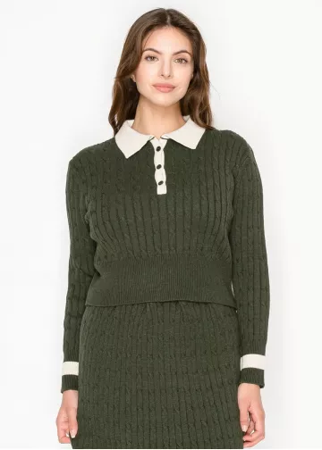 Olive Cable Knit Polo Sweater with Contrast Collar Olive Cable Knit Polo Sweater with Contrast Collar