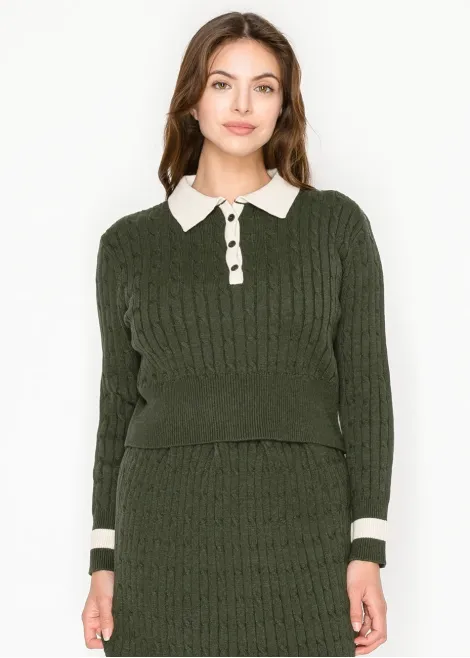 Olive Cable Knit Polo Sweater with Contrast Collar