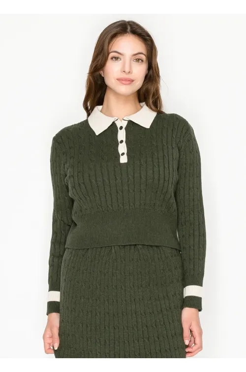 Olive Cable Knit Polo Sweater with Contrast Collar