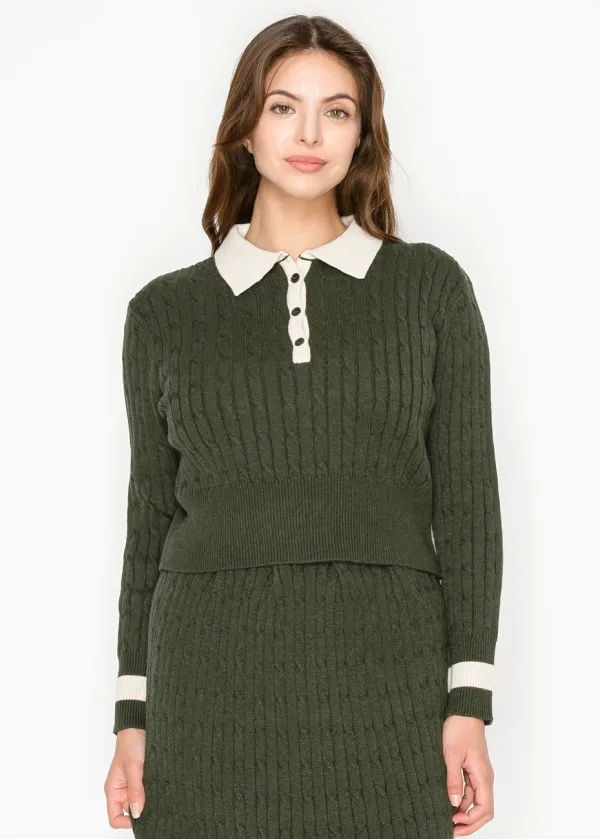 Olive Cable Knit Polo Sweater with Contrast Collar