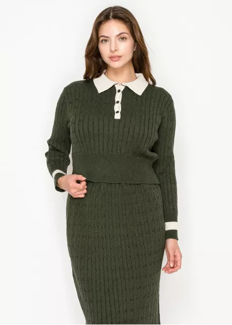 Olive Cable Knit Polo Sweater with Contrast Collar