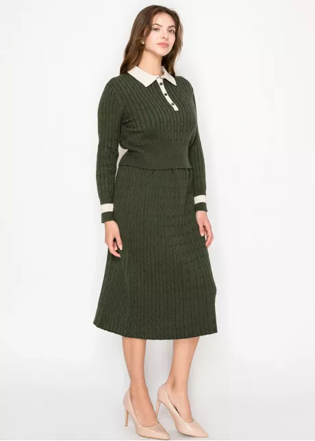 Ribbed Cable Knit Skirt in Olive Green