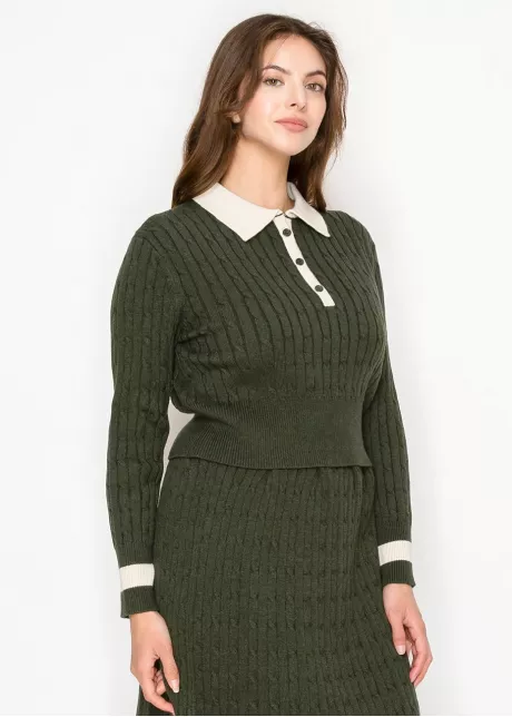 Olive Cable Knit Polo Sweater with Contrast Collar