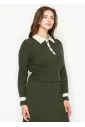 Olive Cable Knit Polo Sweater with Contrast Collar