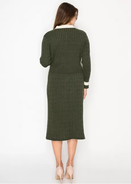 Ribbed Cable Knit Skirt in Olive Green
