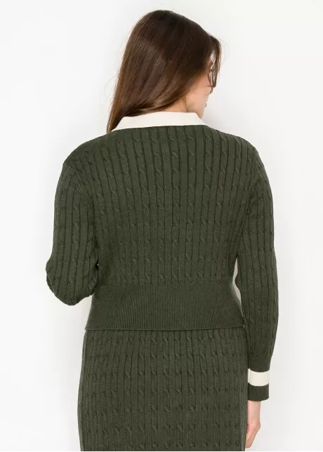 Olive Cable Knit Polo Sweater with Contrast Collar