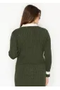 Olive Cable Knit Polo Sweater with Contrast Collar