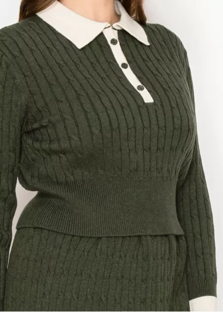 Olive Cable Knit Polo Sweater with Contrast Collar