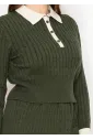Olive Cable Knit Polo Sweater with Contrast Collar