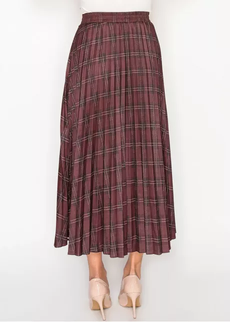 Burgundy Plaid Pleated Midi Skirt