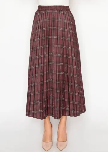 Burgundy Plaid Pleated Midi Skirt