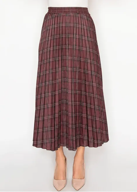 Burgundy Plaid Pleated Midi Skirt