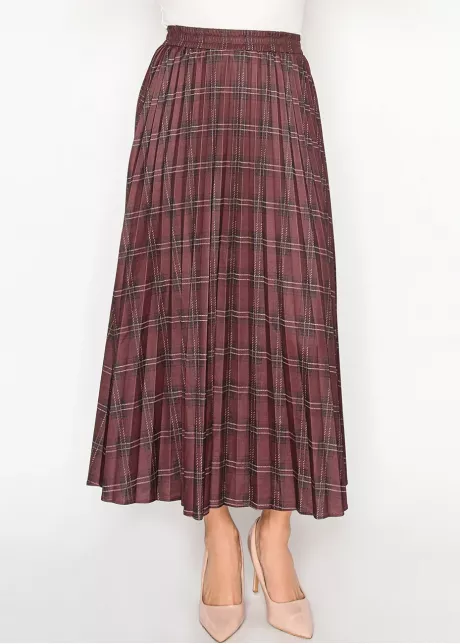 Burgundy Plaid Pleated Midi Skirt