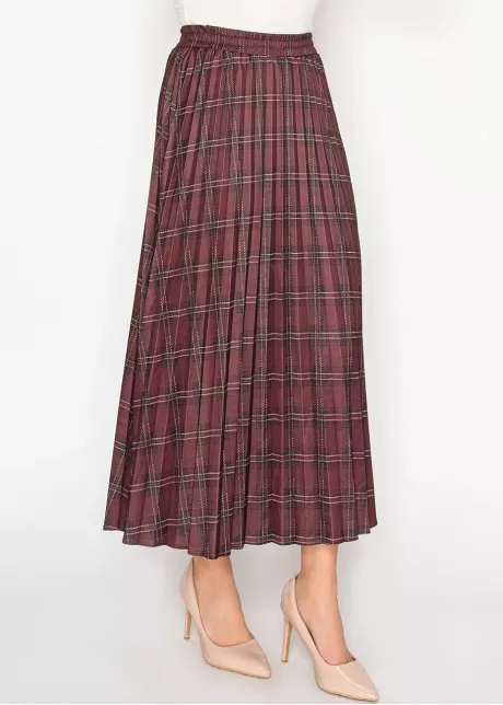 Burgundy Plaid Pleated Midi Skirt