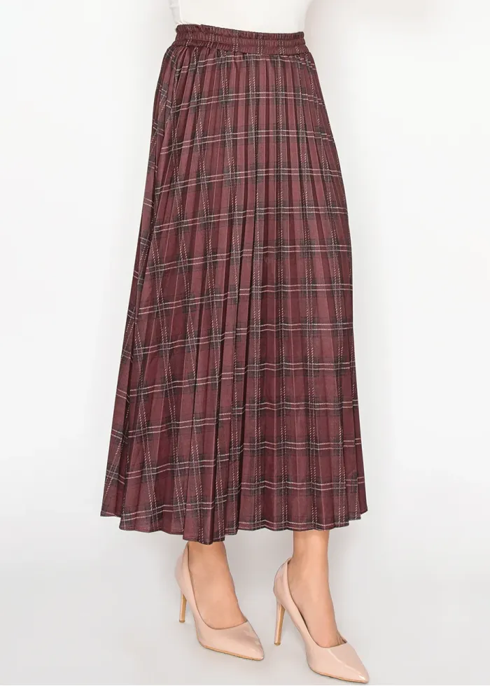 Burgundy Plaid Pleated Midi Skirt