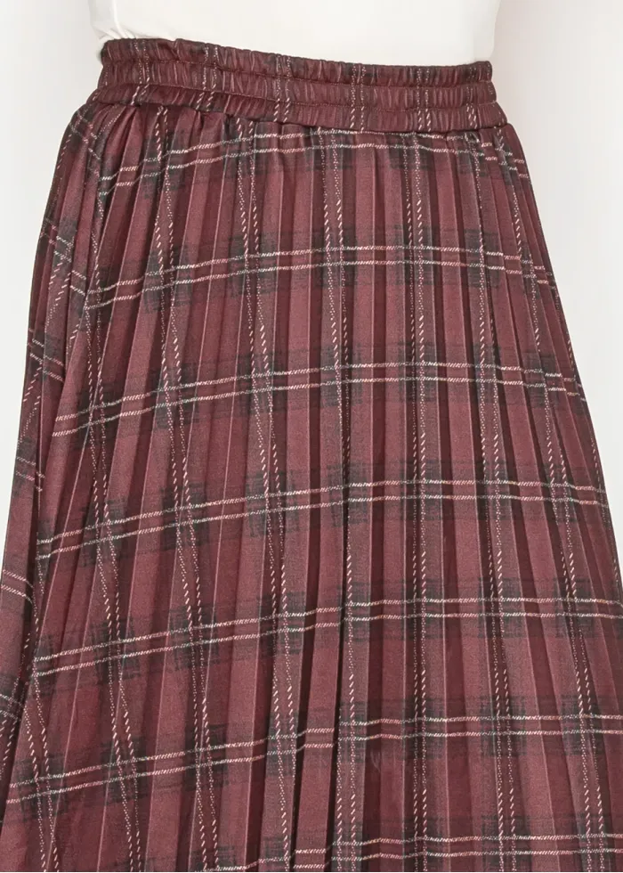 Burgundy Plaid Pleated Midi Skirt