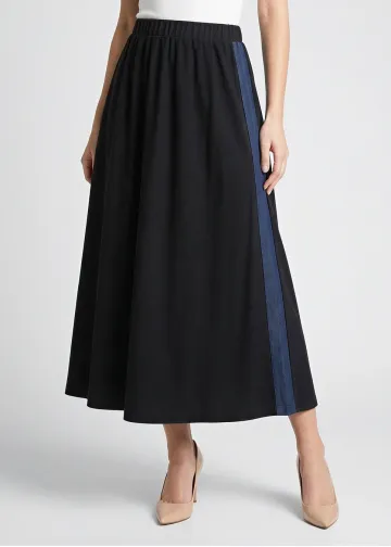 Black Midi Skirt with Denim Side Trim