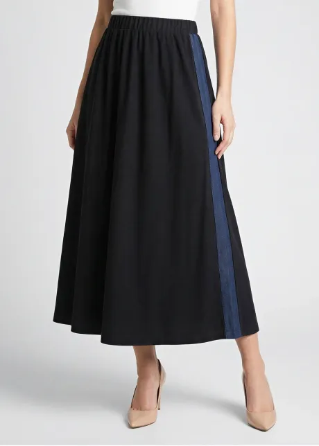 Black Midi Skirt with Denim Side Trim