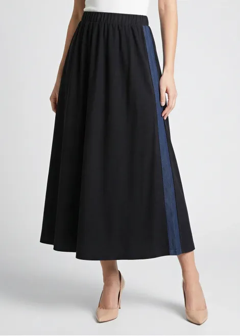 Black Midi Skirt with Denim Side Trim